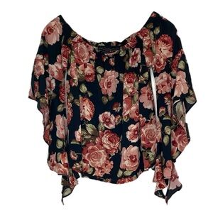 Polly & Esther pink rose print on black off the shoulder blouse